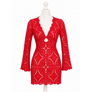 Love Triangle Lace Mini Dress Womens 6 Red V-Neck Bell Sleeve Boho Romantic Glam